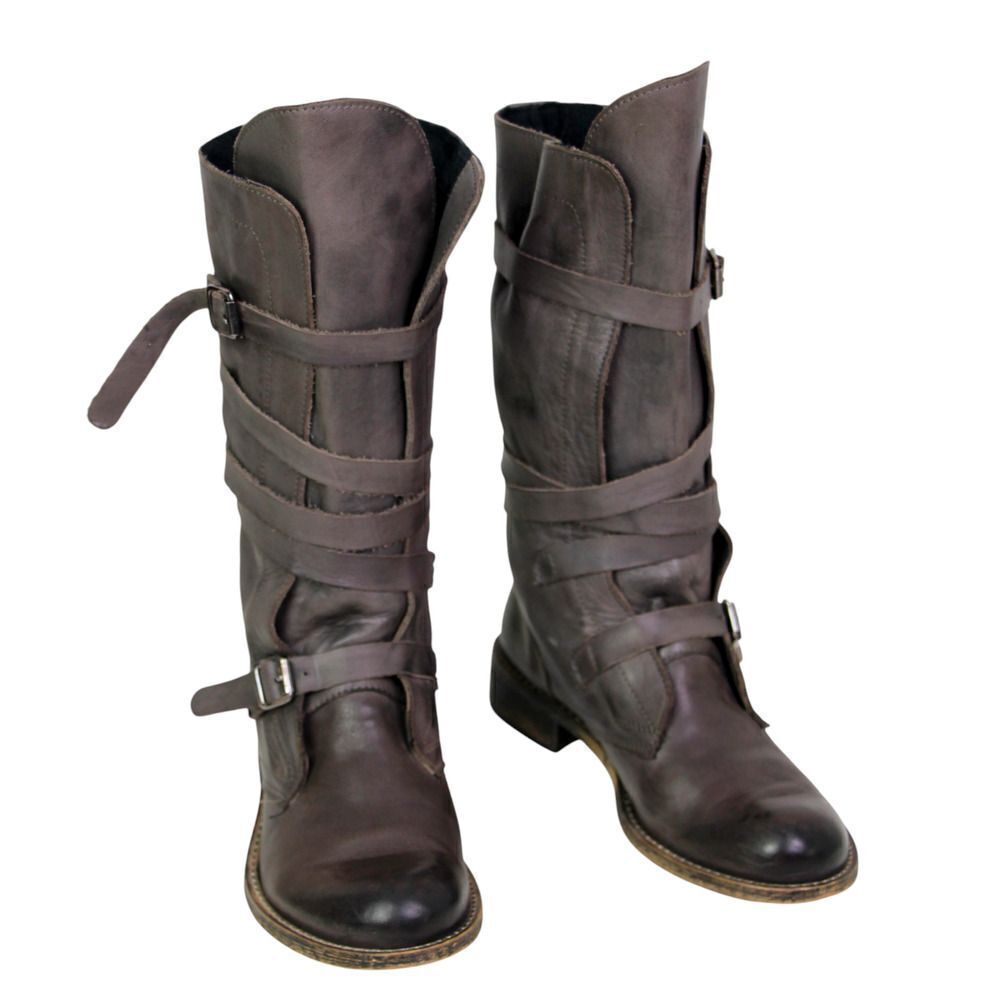 Lav. Artigiana MUSHROOM BROWN REAL LEATHER LOW HEEL ROUND TOE BELTED BOOTS Sz 37